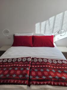 a bedroom with a bed with red pillows at Casa Luca in Mezzana