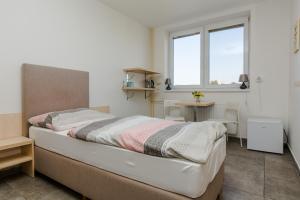 a bedroom with a bed and a desk and a window at Penzion Hviezda in Bratislava