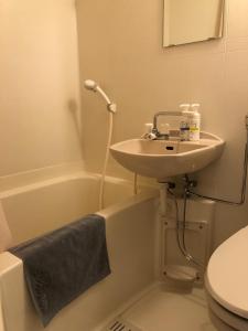 ein Badezimmer mit einem Waschbecken, einem WC und einer Badewanne in der Unterkunft Hotel Plaisir Tachikawa in Tachikawa