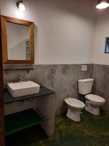 a bathroom with a sink and a toilet and a mirror at La Roja y Barro tal vez in Los Molles +28 photos
