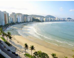 einen Strand mit Palmen und Gebäuden und dem Meer in der Unterkunft Ap frente ao mar in São Paulo