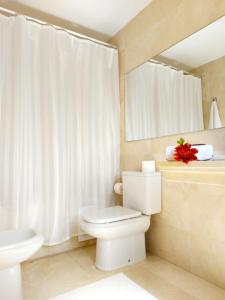 a bathroom with a toilet and a sink and a mirror at Duplex with sea views, garden and terrace in Santa Cruz de Tenerife