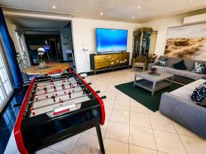 a living room with a pool table and a tv at Gites Spa Strasbourg - La Villa 11 in Ittenheim