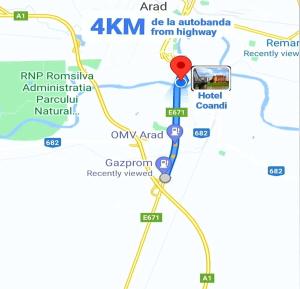 アラドにあるHotel Coandiの高速道路へのアップグレード案地図