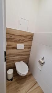 a bathroom with a white toilet and a wooden floor at Apartmán Hestia 5 in Rajecké Teplice