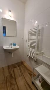 Baño blanco con lavabo y espejo en Apartmán Hestia 5 en Rajecké Teplice