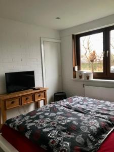 een slaapkamer met een bed en een flatscreen-tv bij Bungalow kleine Deichperle, Strand und Deich in unmittelbarer Nähe! in Lemmer