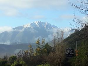 una montaña cubierta de nieve a lo lejos con árboles en Cabañas Puente Negro, en Puente Negro