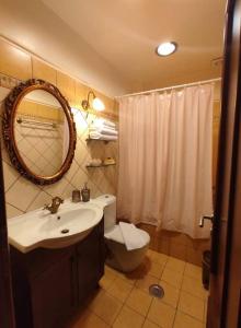 bagno con lavandino, servizi igienici e specchio di Valentini Guesthouse a Karpenision