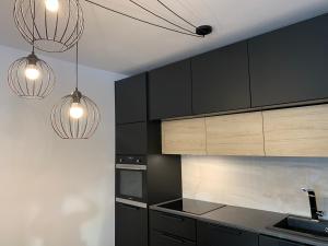 a kitchen with black cabinets and two lights at LIPNO BEACH SIDE - RIVIERA APARTMENT in Lipno nad Vltavou