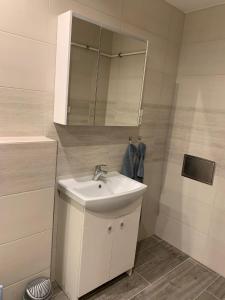 a white bathroom with a sink and a mirror at Apartmán na náměstí in Králíky