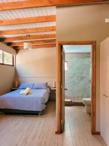 a bedroom with a bed and a bathroom with a toilet at Hotel El Tesoro de Elqui in Pisco Elqui