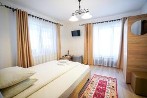 a bedroom with a large bed and a large window at Casa Luca in Vişeu de Jos