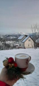 uma chávena de café sentada numa mesa na neve em Casa Dana em Borsa