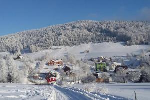 a village covered in snow with a mountain in the background at Domek nad Potokiem in Słotwiny