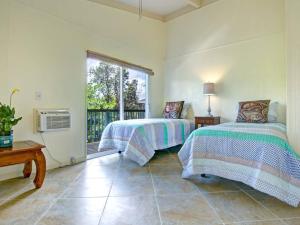 1 dormitorio con 2 camas y ventana en Hawaiian Paradise, en Keaau