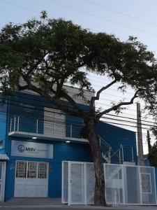 a blue building with a tree in front of it at Galileia flat in Santa Maria