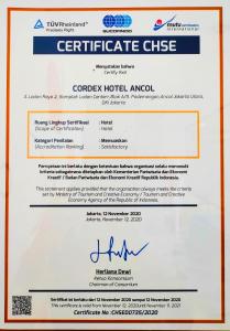 Certifikát, hodnocení, plakát nebo jiný dokument vystavený v ubytování Cordex Hotel Ancol
