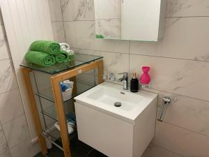 a bathroom with a sink and a mirror and green towels at Royal Apartment 02 in Schaan