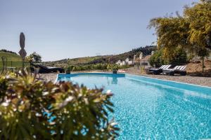 uma piscina azul com duas cadeiras num quintal em Casa del Pino em Pizarra