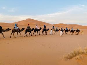 a group of people riding horses in the desert at Merzouga Camp and Hostel in Merzouga