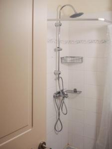 a shower with a shower head in a bathroom at Summer Home of Skaleta beach in Skaleta