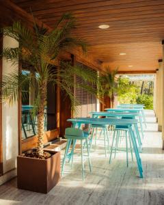 a row of blue tables and chairs with a palm tree at Hotel Boutique Hort de Nal in Elche