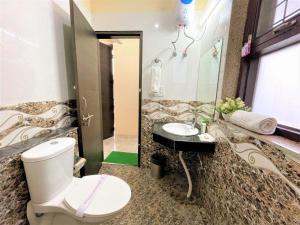 a bathroom with a toilet and a sink and a mirror at BluO 2BHK Golf Course Road, Balcony, Lift, Parking in Gurgaon