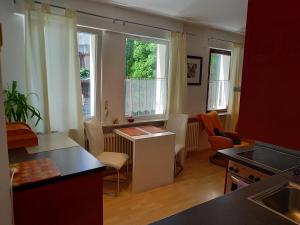 cocina con mesa y sillas y 2 ventanas en Apartments Ho30 en Stuttgart
