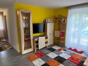 a living room with a tv and yellow walls at Ferienwohnung Holiday in Radstadt