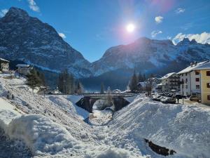 a snow covered town with a mountain in the background at Hirsch Haus in Santo Stefano di Cadore