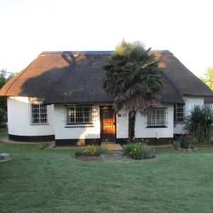 a white house with a thatched roof and a palm tree at Absolute Leisure Cottages in Machadodorp
