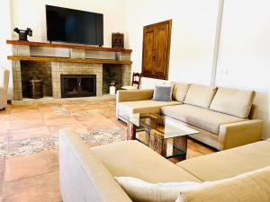 sala de estar con 2 sofás y chimenea en COMPLEJO RURAL TORRES Y NAVAS, en Granada