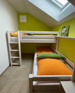 two bunk beds in a room with a roof at Haus Sonnentau Wohnung 2 in Kißlegg