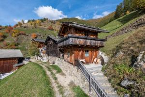 drewniany dom na wzgórzu z ścieżką prowadzącą do niego w obiekcie Ferienhaus Waldhof w mieście Naturns