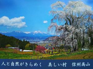 un quadro di un albero con montagne sullo sfondo di ゲストハウス「古民家の宿梨本軒」 a Takayama