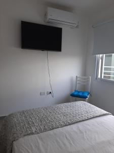 1 dormitorio con 1 cama y TV en la pared en Hospedaje Departamentos Costa del Uruguay en Concepción del Uruguay