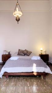 a bedroom with a bed and a chandelier at Alem Colonial in Mendoza