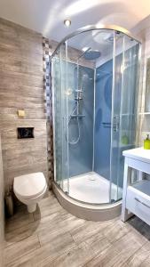 La salle de bains est pourvue d'une douche en verre et de toilettes. dans l'établissement Domek Barrettski, à Wisła