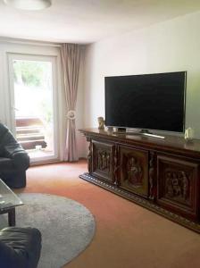 a living room with a flat screen tv on a entertainment center at Große Ferienwohnung am Badesee in Erzgrube