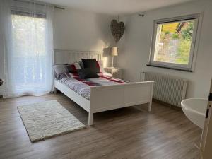 a bedroom with a bed and a window and a sink at Große Ferienwohnung am Badesee in Erzgrube