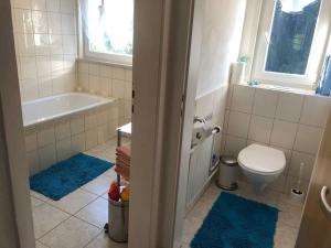 a bathroom with a tub and a toilet and a sink at Große Ferienwohnung am Badesee in Erzgrube +15 photos