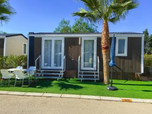 a tiny house with a palm tree and a table and chairs at Camping Alicante Imperium in Villajoyosa