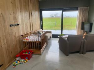 een woonkamer met een babybedje en een raam bij Benbijdokkum in Driesum