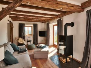 - un salon avec un canapé et un poêle à bois dans l'établissement Huberhof, à Wonneberg