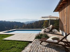 a swimming pool with a chair and an umbrella at Huberhof in Wonneberg