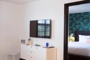 
a bedroom with a bed and a television at SoBro Guest House by Black Swan in Nashville
