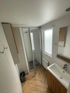 a bathroom with a sink and a mirror at Renesse Chalet in family friendly area in Renesse