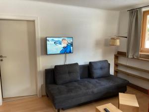 a living room with a couch and a tv on the wall at Appartementhaus Grocke in Wagrain