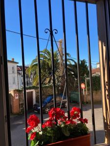 a window with red flowers in a window box at PLENO CENTRO COMILLLAS-3 Hab, 2 Baños in Comillas